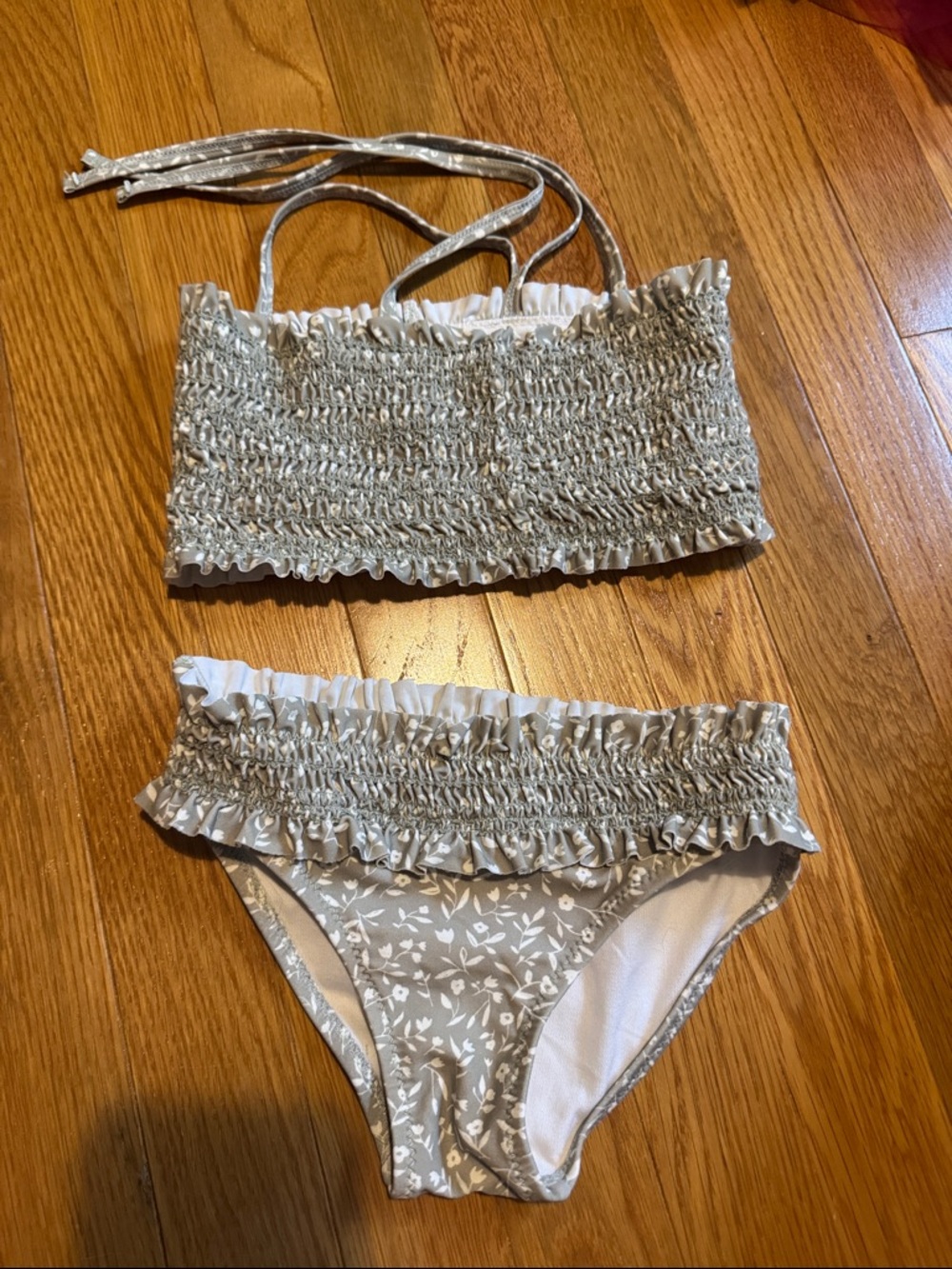Rylee + Cru Girls Floral Smocked Two-Piece Bikini in Light Gray and White